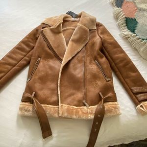 Faux fur lined brown aviator jacket